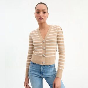 VERONICA BEARD Solene Striped Cashmere Cardigan, size Small, sand/ivory